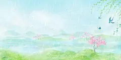 绿色清明节春天山水桃花樱花柳树燕子草地清新手绘插画背景素材