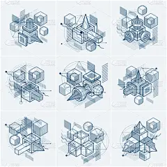抽象的测图背景，3d 矢量布局。多维数据集、 六角形、 正方形、 矩形和不同的抽象元素的成分。矢量集