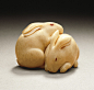 pair of rabbits netsuke, ivory, Kaigyokusai, mid-19th century: 