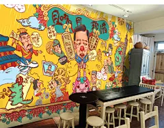 台湾特色小吃涂鸦无缝大型壁画餐厅咖啡店壁纸沙发前台背景墙墙纸-淘宝网