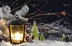 花园矮人雕像,灯笼,黄色,华丽的,贺卡,水平画幅,夜晚,雪,无人