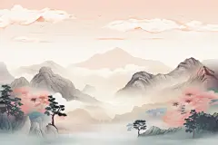 云雾画作山峰水墨画插画图片
