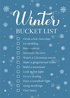 冬天的遗愿清单。有趣的事情做清单。季节活动计划页面。假期愿望清单。易于编辑矢量模板