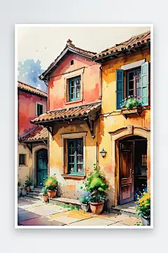 手绘油画老房子四合院儿童插画-众图网