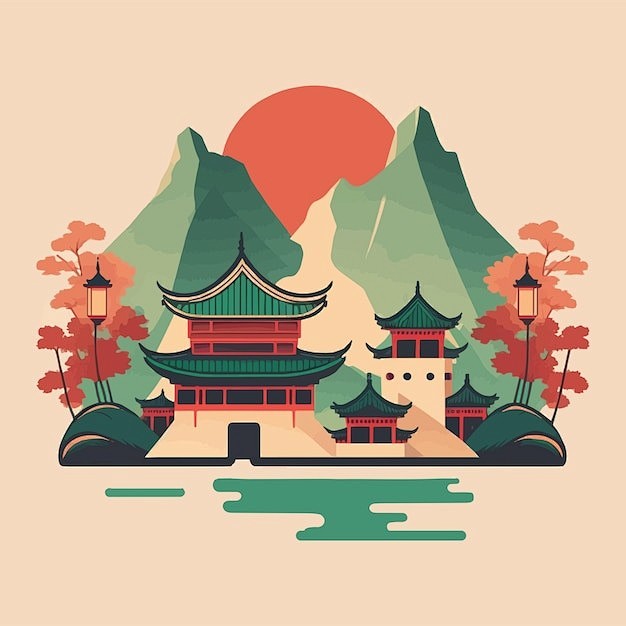 日式建筑风景插画矢量图设计素材