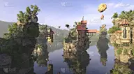 令人惊奇的幻想飞行村庄3d插图和杂草丛生的岩石
