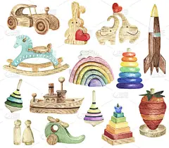 水彩画的小孩玩具，Clipart 。木制玩具的Clipart 。宝宝洗澡死了。幼儿园，儿童房间装饰。