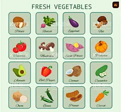 蔬菜食材插画  - 源文件下载【酷图网】蔬菜,蔬菜插画,手绘蔬菜,蔬菜矢量,蔬菜素材,卡通蔬菜,水果,椰子,牛油果,茄子,玉米,萝卜,胡萝卜,豆角,辣椒,南瓜,蘑菇,大蒜,水萝卜,莴笋,青菜,白菜,