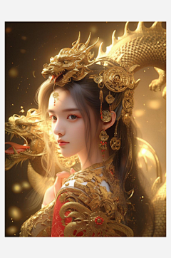 数字艺术手绘国风插画黄金女战士龙女战士-众图网