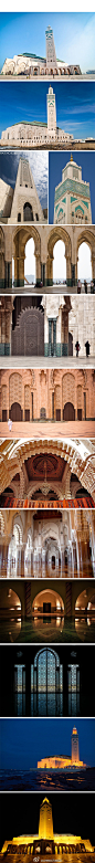 【摩洛哥哈桑二世清真寺】位于摩洛哥王国的卡萨布兰卡市区西北部，坐落在伊斯兰世界最西端。1987年8月动工修建，耗资5亿多美元，占地面积9公顷，其中三分之一面积建在海上，以纪念摩洛哥的阿拉伯人祖先自海上来。整个清真寺可同时容纳10万人祈祷，是世界第三大清真寺。