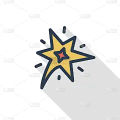 烟花细线平彩色图标。线性向量符号。彩色的长影子设计。