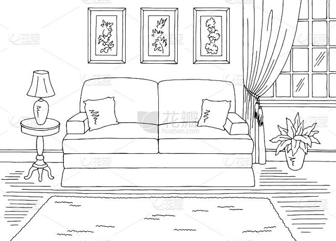 客厅图形黑白经典家居室内素描插画矢量