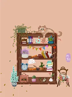 书架，杂物，盆栽，植物，书本 七下