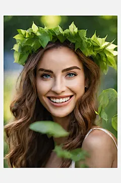 摄影风树叶旁的美女AI数字艺术-众图网