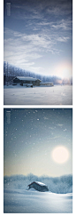 户外冬季下雪雪景日出日落木屋湖畔自然风景海报背景PSD分层素材-淘宝网
