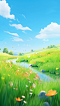 animated cloudy landscape wallpaper in blue, in the style of delicate flowers, orange and green, miki asai, xbox 360 graphics, realistic perspective, lively brushwork, pastoral charm