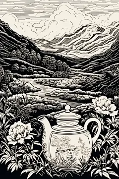 AI数字艺术复古铜版画茶园茶叶插画-众图网