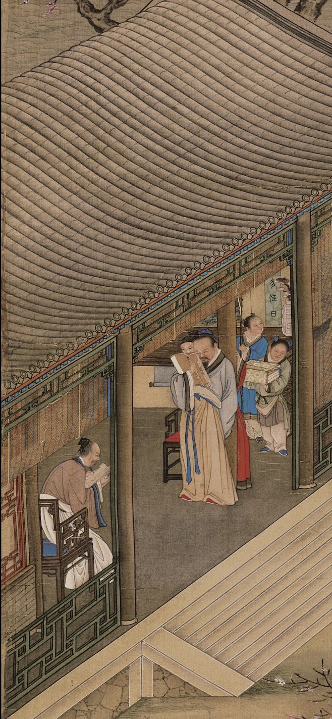 清 郎世宁 雍正十二月行乐图轴之三月赏桃-局部-花瓣网