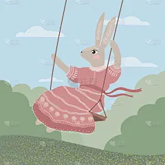 一只穿着蕾丝连衣裙的可爱兔子在秋千上摇摆。儿童插图，为贺卡，书籍，儿童的设计