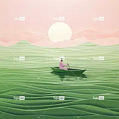 河上划船的人，前景草浪，柔和的绿色和粉红色的渐变背景，浮雕纸雕风格