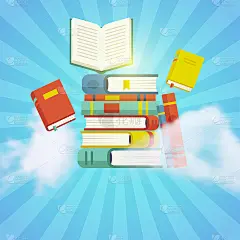 蓝色背景上有云彩的一堆书