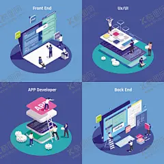 APP开发插图 【酷图网】APP开发,APP开发插画,网站开发,网站建设插图,UI设计,UI设计插画,网站运营,网站运维,3D插图,等距矢量,前端,写代码,程序员工作,程序员,开发团队,蓝色科技,科技插画,矢量,AI