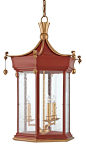This pagoda inspired lantern will transform and enhance your living area. It features wrought iron frame in lollipop red finish perfectly combine with contemporary gold leaf finish on the details. The lantern measures 20''RD and 30''H. It takes three 60W 