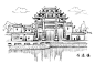 西递镇  - 源文件下载【酷图网】城市,漫画,素描,写生,绘画,旅游景点,美景,壮丽,西递镇,牌楼,河道,