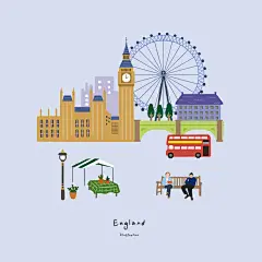 英国地标 大本钟摩天轮 双层巴士 旅游插图插画设计PSD tid322t000002