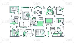 网上教育海报与线图标。横幅的矢量插图包括学生、计算机、书籍、教师、笔记本电脑、家教用绿色示意图、大学