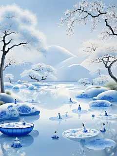 数字艺术、长卷、传统中国山水画、宁静池塘、荷花、树木、人物、传统服饰、钓鱼、园艺、渐变蓝白背景、细腻笔触、简约房间、蓝白瓷瓶、精致花纹、自然元素、和谐构图、传统
