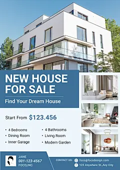 Fashion Blue Rectangle Frame New House Listing for Sale Real Estate Flyer
