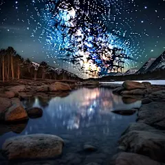 (3/4)夜晚的天空中星星闪烁，一条小溪穿过岩石，呈现出一种梦幻般的景象。这种景象以苏格兰风景、梦幻般的景观、现实的光和色彩使用、梦幻般的装置、毛利艺术、对比鲜明的明暗和模糊的影像为特色(AI绘图来自WeDraw.art)