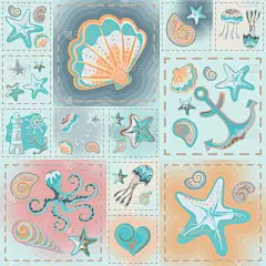 四方连续纹样,蓝色,波浪,螃蟹,纺织品,图像,海洋,壁纸,海星,船