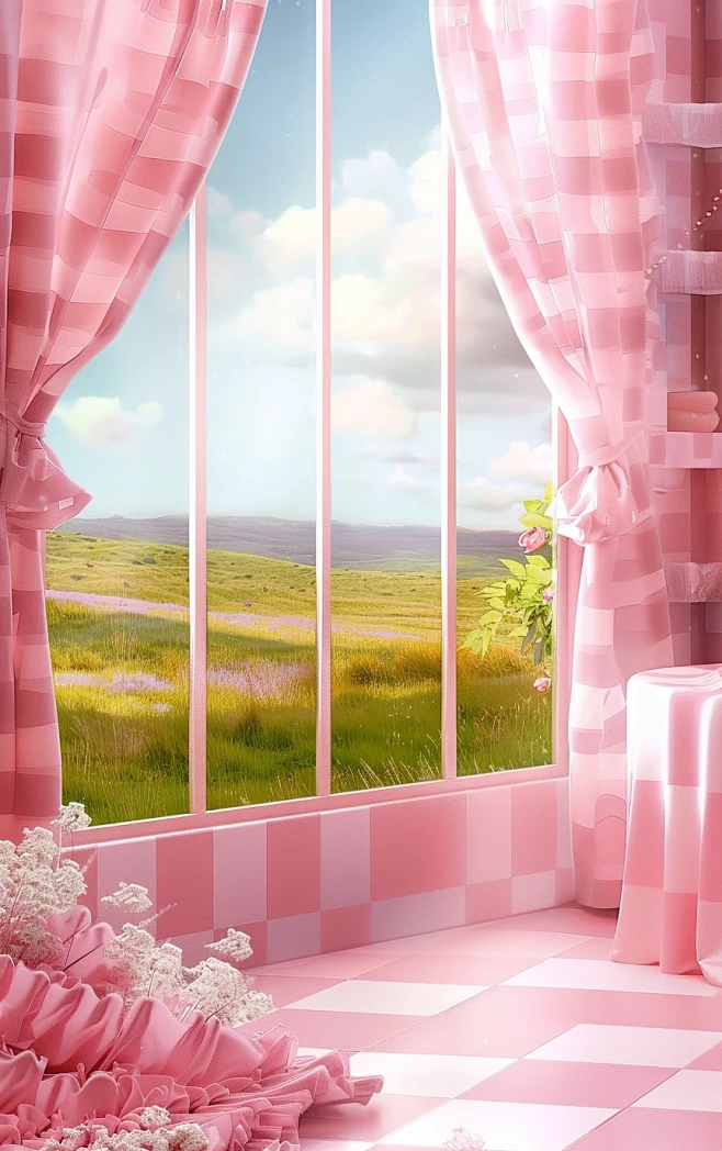 a beautiful photo of pink checkered walls and ruffled pink curtains and ...