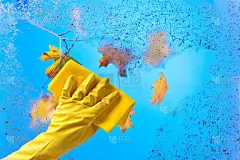 用橡胶手套手擦窗户。