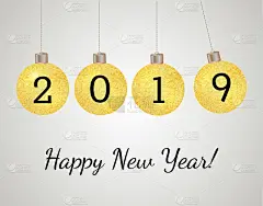圣诞球上的金箔效果。2019年新年祝福语。矢量图