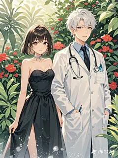 帅气的男医生穿着白大褂，脖子里挂着听诊器，胸前的口袋里挂着笔，穿黑色礼服女生站立在身旁，背景绿色植物，红色的花朵点缀在绿色植物中，新海诚风格，手绘插画，大面积留白，空灵，强调意境，水彩晕染，泼墨效果，