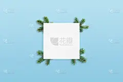 在淡蓝色表面上装饰着圣诞树树枝的空白纸。贺卡模型