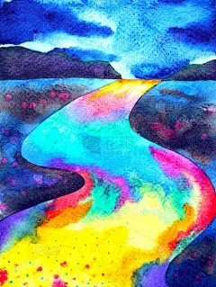 抽象彩色道路幻想街道水彩画插画设计手绘