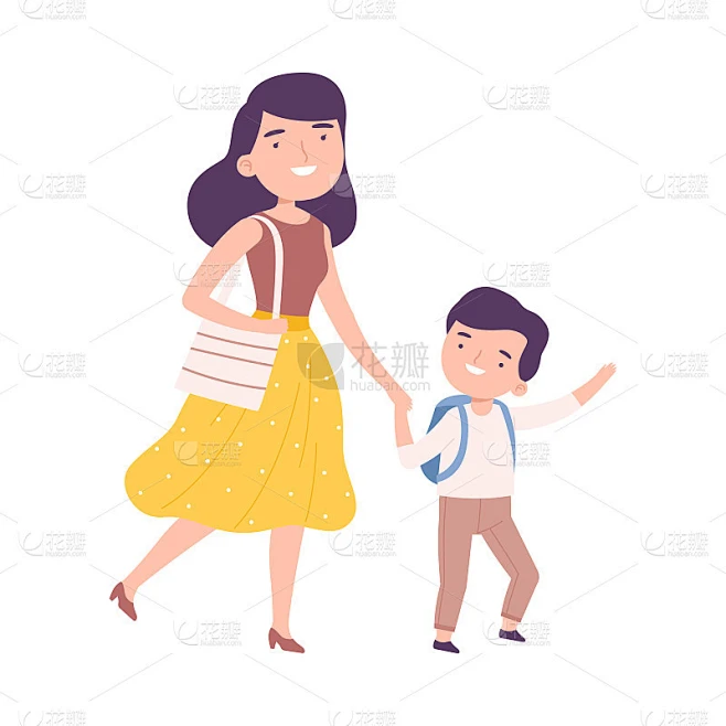 妈妈带她的儿子去学校或幼儿园在早上，父母和孩子一起走在一起手牵手卡通风格矢量插图素材-花瓣网