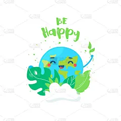 可爱的卡通地球手芽和棕榈叶说快乐。平的风格。向量的名片。