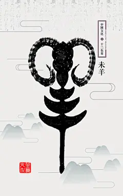 未羊十二生肖汉字写意中国风水墨画