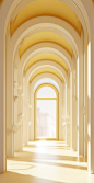 an archetypal room in white and gold with arches, in the style of light bronze and light amber, 32k uhd, realistic hyper-detail, light yellow and light gold, passage, deco-pop