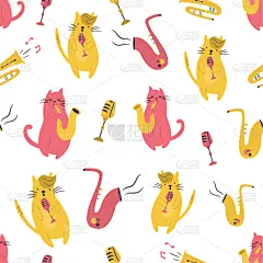 音乐人,猫,明亮,幽默,四方连续纹样,可爱的,动物,萨克斯,艺术品,剪影