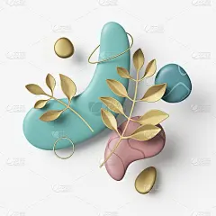 3d渲染，抽象的几何构图与组合的金色叶子，金戒指和粉红蓝色的卵石孤立在白色的背景