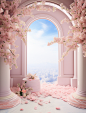 a pink photo with blue flower background, in the style of fairycore, 3d, romantic and nostalgic themes, mori kei, minimalist stage designs, arched doorways, piles/stacks