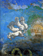 法国画家奥迪隆·雷东(Odilon Redon，1840——1916)善于把观众引向朦胧，但不是空虚。他的丰富想象力使他善于赋予奇怪的、幽雅的、不真实的幻想以某种真正的可信性。他说：“如果只凭意志力，在艺术中什么也达不到。一切全靠潜意识。”——【阿波罗的战车】1910。