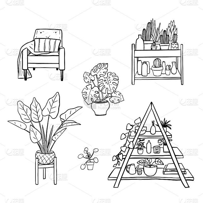 室内植物架，一套家居花园的元素。白色上的...
