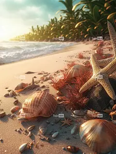 热带海滩度假贝壳和海星壁纸
